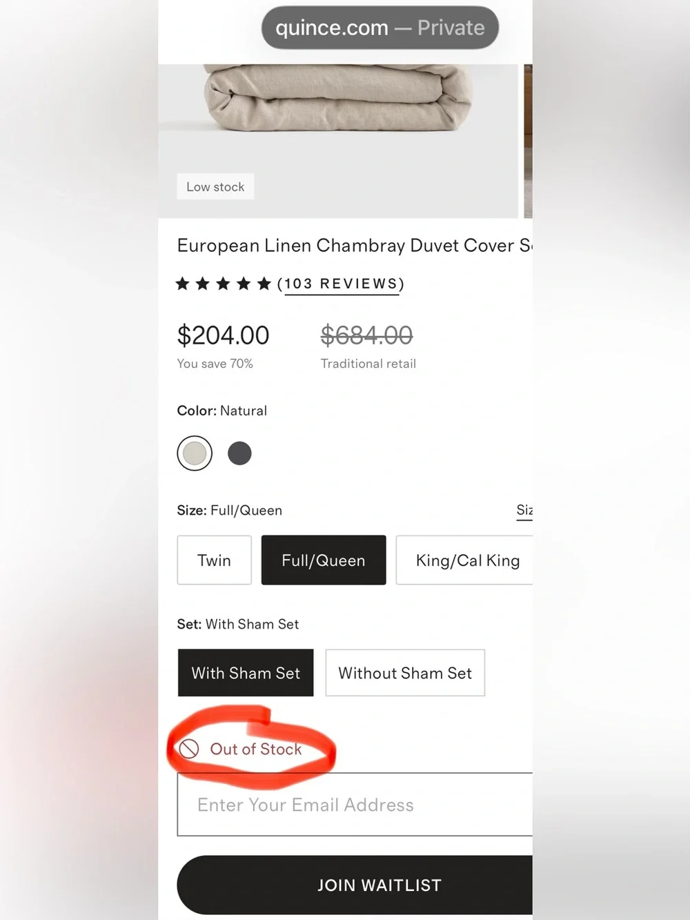 NWOT Quince European Linen Chambray 3 Pc Duvet Cover Set, Full/Queen (Natural)